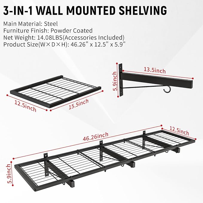 Garage Wall Shelves, 1 Shelf, Modern Style, Heavy Duty, 160 LBS Capacity - Image 2