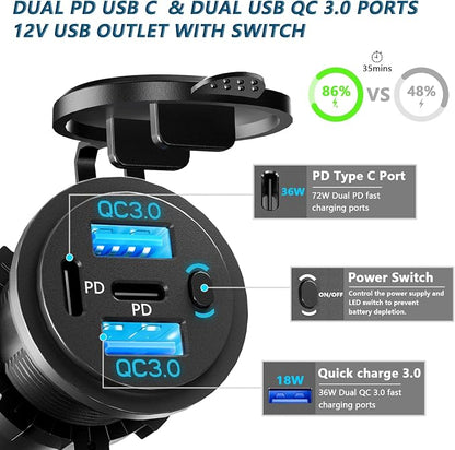 2PCS, Dual PD USB C Ports & Dual USB Quick Charge 3.0 Ports 12V USB Outlet - Image 2