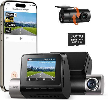 70mai Dash Cam Front and Rear A510, 1944P+1080P by 70mai