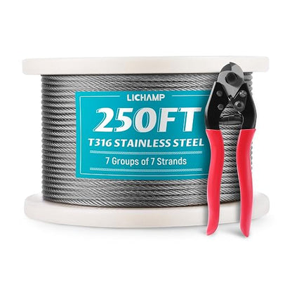 Lichamp 250FT 1/8" Stainless Steel Wire Rope Cable, Aircraft 316 SS Braided by Lichamp