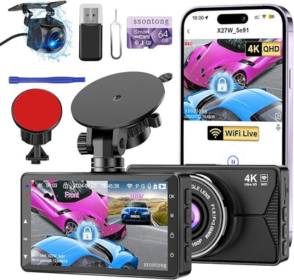 Dash Cam Front and Rear, Dash Cam 4K WiFi/APP Control Dashcam W/ 64GB Card Dash by ssontong