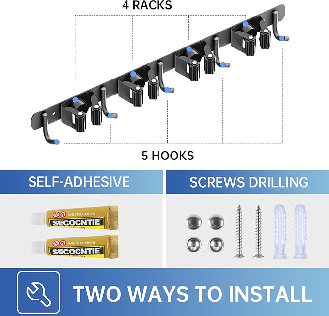 ZONGOOL 2 Pack Broom Holder Wall Mount, 4 Racks and 5 Hooks Mop Hanger Wall - Image 6
