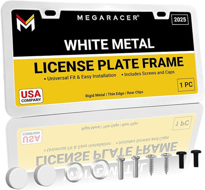 Premium Slim Sleek White License Plate Frame – 1 Pack, Rust-Free & Rattle-Free by MegaRacer