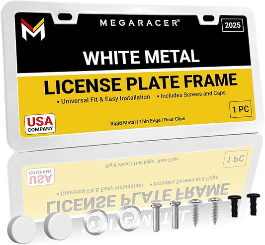 Premium Slim Sleek White License Plate Frame – 1 Pack, Rust-Free & Rattle-Free by MegaRacer