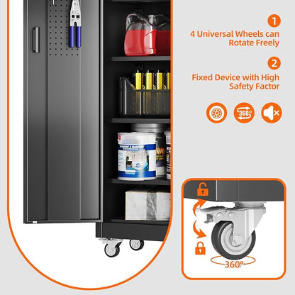 Garage Storage Cabinet with Wheels Pegboard and 5 Adjustable Shelves, Tool - Image 7