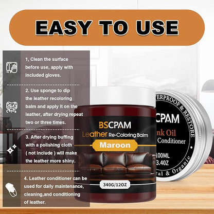 12oz Leather Recoloring Balm & 3.4oz Mink Oil Leather Conditioner kit, Maroon - Image 5