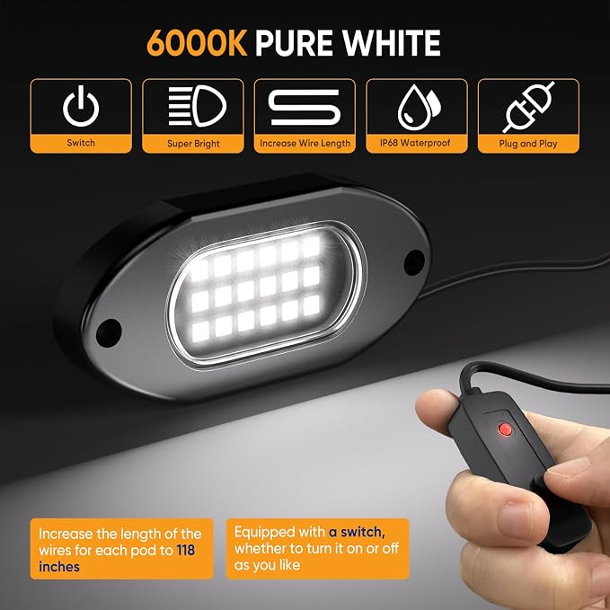 Honalia White LED Rock Lights Kits 8 Pods, 6000K Pure White Rock Lights - Image 2