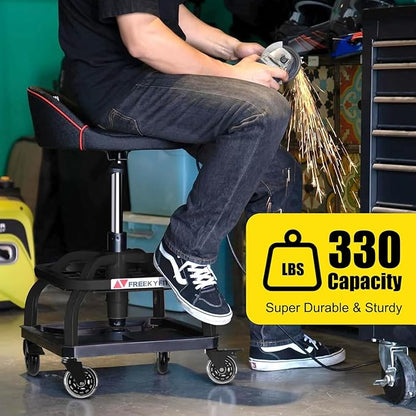 Rolling Shop Stool with Wheels, Garage Work Mechanic Stool with Backrest - Image 8