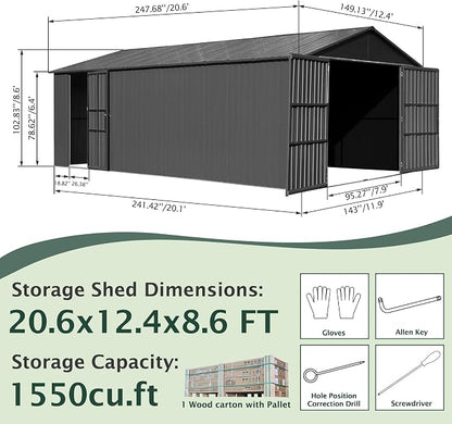 Domi 12’x20’ Outdoor Metal Garage Shed, All Weather Enclosed Carport - Image 2
