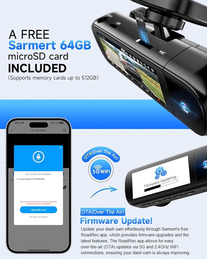 3 Channel Dash Cam, SARMERT 4K Dash Cam Front Inside and Rear - Image 6