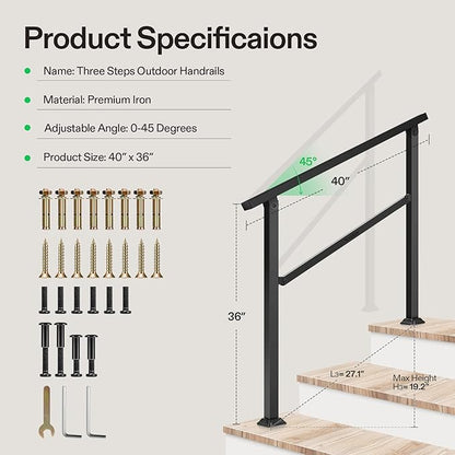 VIVOSUN Outdoor Handrail, 3 Step Stair Handrail, Wrought Mattle Iron Handrail - Image 2