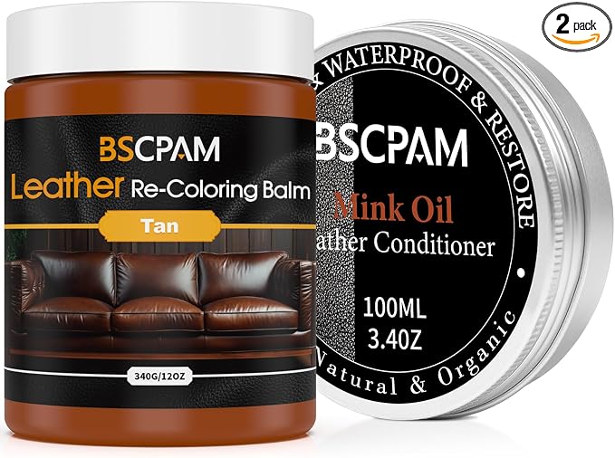 12oz Leather Recoloring Balm & 3.4oz Mink Oil Leather Conditioner kit, Tan by BSCPAM