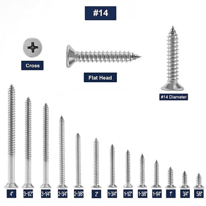 #14 x 1-1/2" Wood Screw 100Pcs 18-8 Stainless Steel Screws Flat Head Phillips - Image 3