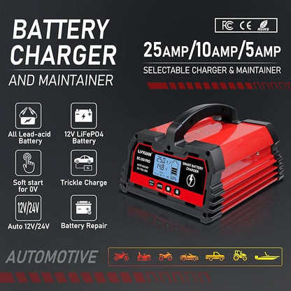 LVYUAN 25Amp Smart Car Battery Charger, 12V/24V Automotive Charger, Lead-Acid - Image 2
