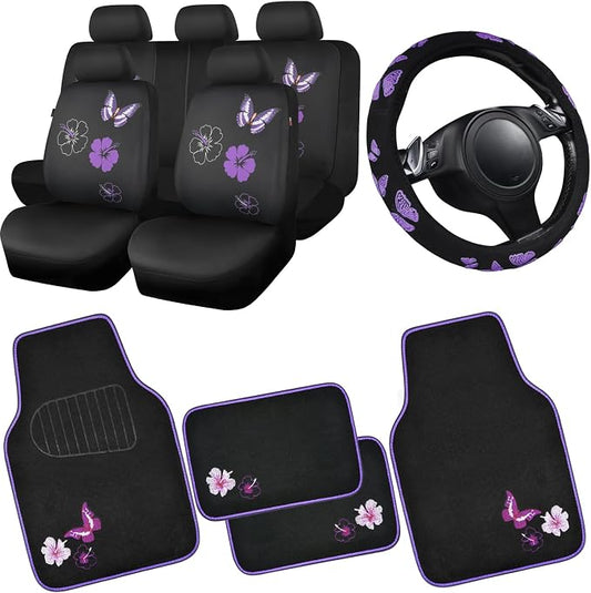 CAR PASS Universal Cloth Butterfly Car Seat Covers Full Set, Embroidered Flower by CARPASS