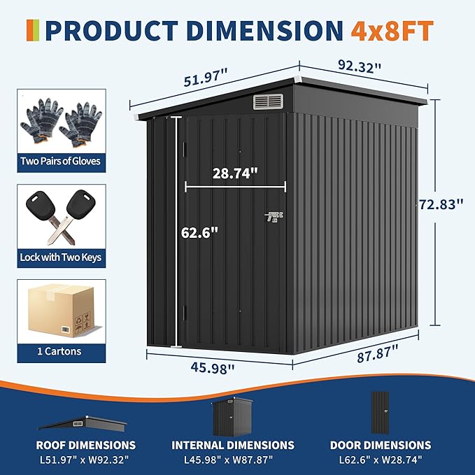 4×8 FT Lean to Storage Shed, Heavy-Duty Outdoor Metal Storage Shed, Garden Tool - Image 2