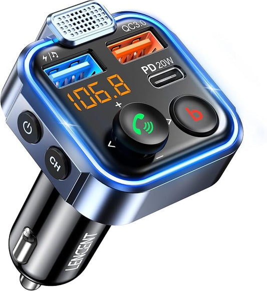 LENCENT FM Transmitter in-Car Adapter, Type-C PD 20W+ QC3.0 Fast USB Charger by LENCENT