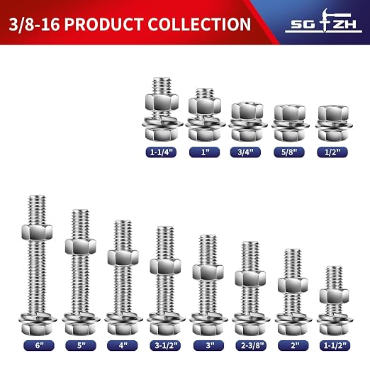 3/8-16 x 2" Hex Head Screw Bolt, Flat & Lock Washers, Fully Threaded, by SG TZH - Image 3