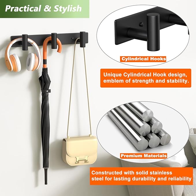 Wall Mounted Coat Rack-3 Hooks, Heavy Duty Stainless Steel Hook Rail - Image 4