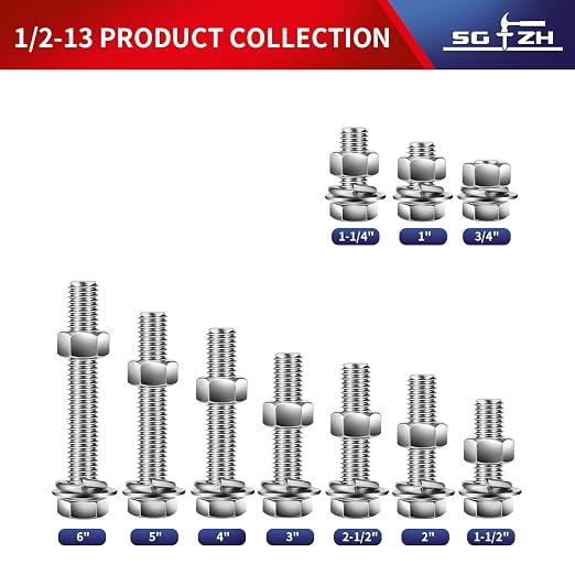 1/2-13 x 6" Hex Head Screw Bolt, Flat & Lock Washers, Fully Threaded, by SG TZH - Image 3