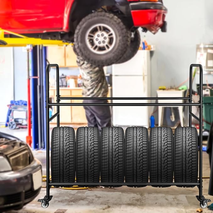 Tire Rack, Adjustable Height Metal Rolling Storage Rack 60" x 59" x 21" - Image 9