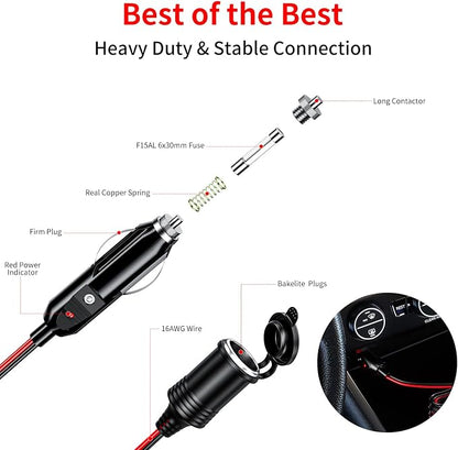 KEWIG 12/24V Car Cigarette Lighter Extension Cord - 13FT Cigarette Lighter Plug - Image 3
