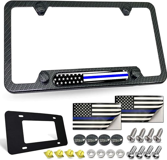 Police Thin Blue Line License Plate Frame- Patriotic Carbon Fiber Car Tag Holder by FBJTDQ