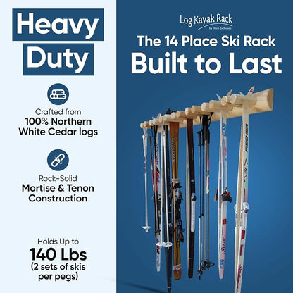 14-Place Log Ski Rack Wall Mount, Indoor Ski Storage Rack - Image 3