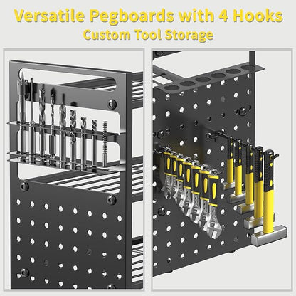 Power Tool Organizer Wall Mount, Pegboard Side Panels, 4 Long Hooks, Large Tool - Image 2