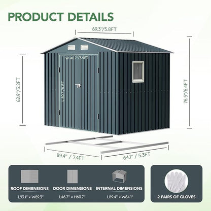 6X8X6.4FT Outdoor Steel Storage Shed - Image 2
