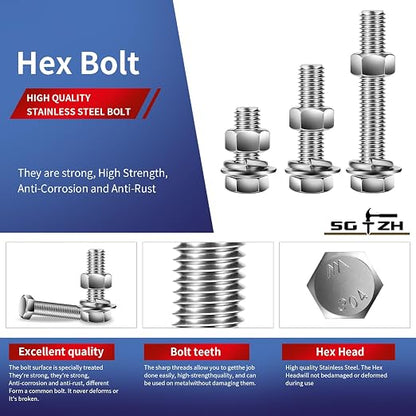 5/16-18 x 1-1/4" Hex Head Screw Bolt, Flat & Lock Washers, Fully Threaded - Image 4