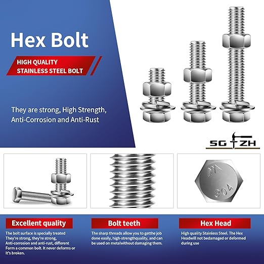 3/8-16 x 5/8" Hex Head Screw Bolt, Flat & Lock Washers, Fully Threaded - Image 4