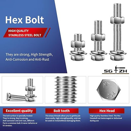 3/8-16 x 5/8" Hex Head Screw Bolt, Flat & Lock Washers, Fully Threaded - Image 4