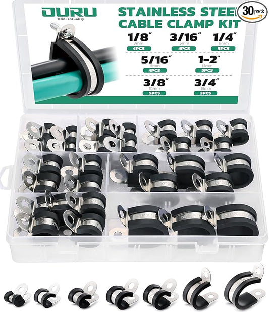 30PCS Cable Clamps Assortment Kit, 7 Sizes—1/8" 3/16" 1/4" 5/16" 3/8" 1/2" 3/4" by OURU