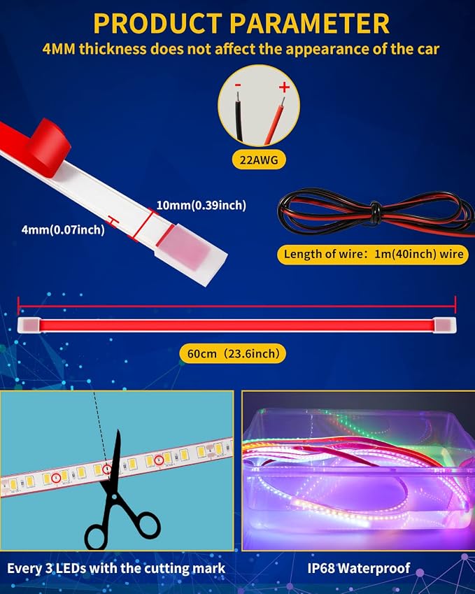 Amber Led Strip Lights, 24inch 12V Interior Light Strip IP68 Waterproof Cuttable - Image 4