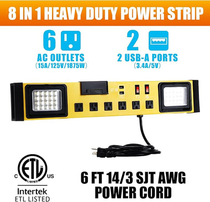 6 Outlets Power Strip with LED Worklight, Metal Heavy Duty Wall Mount Workbench - Image 3