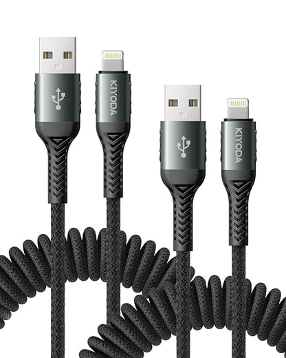 USB to Lightning Cable for Car 3FT+6FT, Coiled iPhone Charger Cables Braided by KIYODA