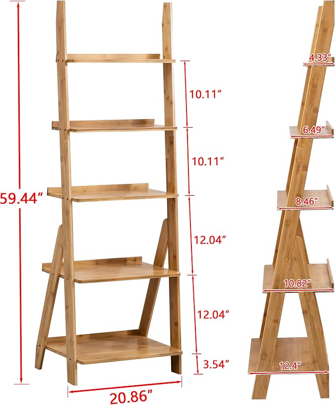 Maydear Bamboo Ladder Shelf Bookcase, 5-Tier Leaning Bookshelf Free Standing - Image 2