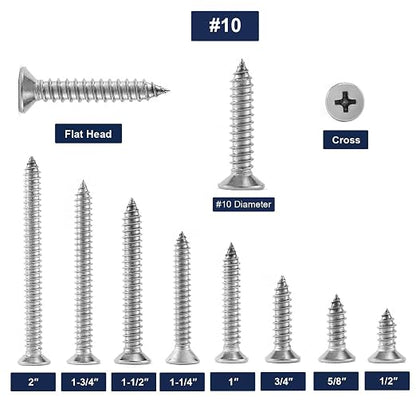 #10 x 1-1/4" Wood Screw 100Pcs 18-8 Stainless Steel Screws Flat Head Phillips - Image 3