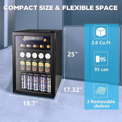 26 Bottle Wine Cooler, 95 Cans Beverage Refrigerator, 2.6 cu.ft Drink Fridge - Image 2