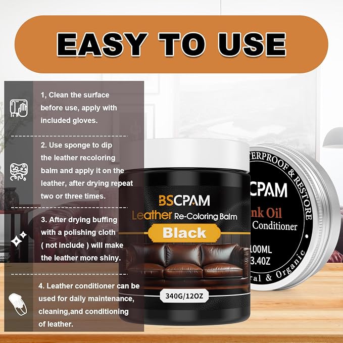 12oz Leather Recoloring Balm & 3.4oz Mink Oil Leather Conditioner kit, Leather - Image 5