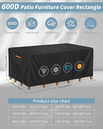 Outdoor Waterproof Furniture Cover, 136W x 74L x 28H inches Heavy Duty 600D - Image 3