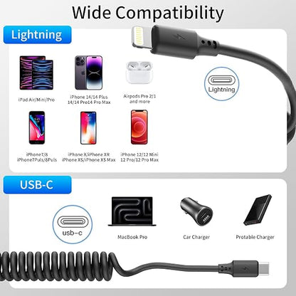 Coiled USB C to Lightning Cable 3FT, 2 Pack Short Car Charger Cord Fast - Image 7