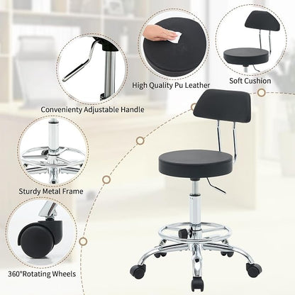 Rolling Stool with Back, Adjustable Height Foot Rest Rolling Salon Chair - Image 4