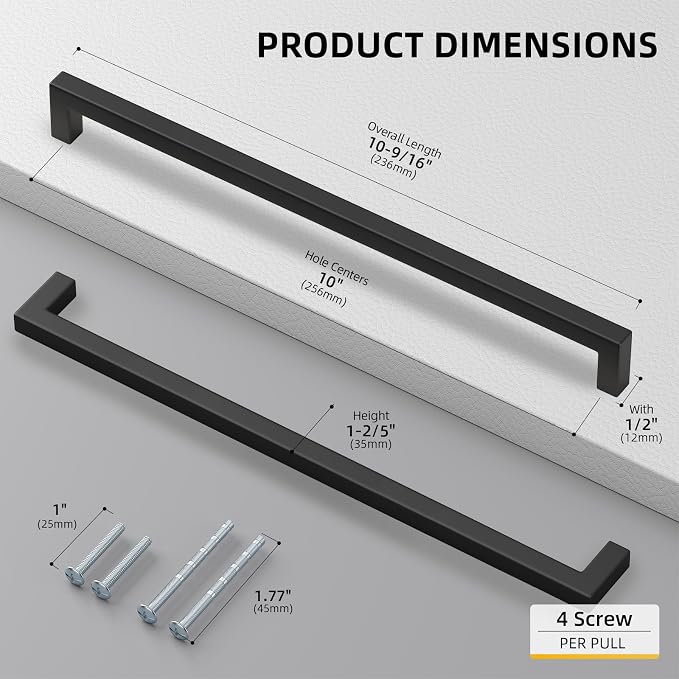 Goldenwarm 2 Pack Black Square Bar Cabinet Pull Drawer Handle Stainless Steel - Image 2