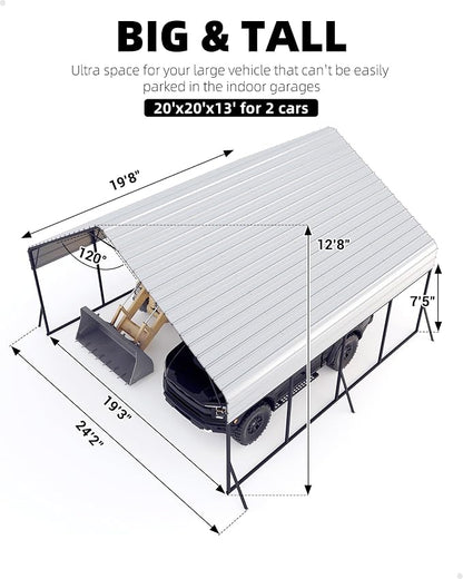 20'x20'x13' Metal Carport for 2 Cars, Heavy Duty Car Ports for Heavy Snow - Image 6