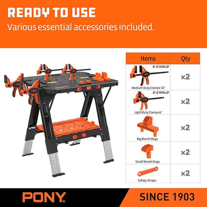 Pony Portable Folding Work Table, 2-in-1 as Sawhorse & Workbench, 31” W×25” - Image 4