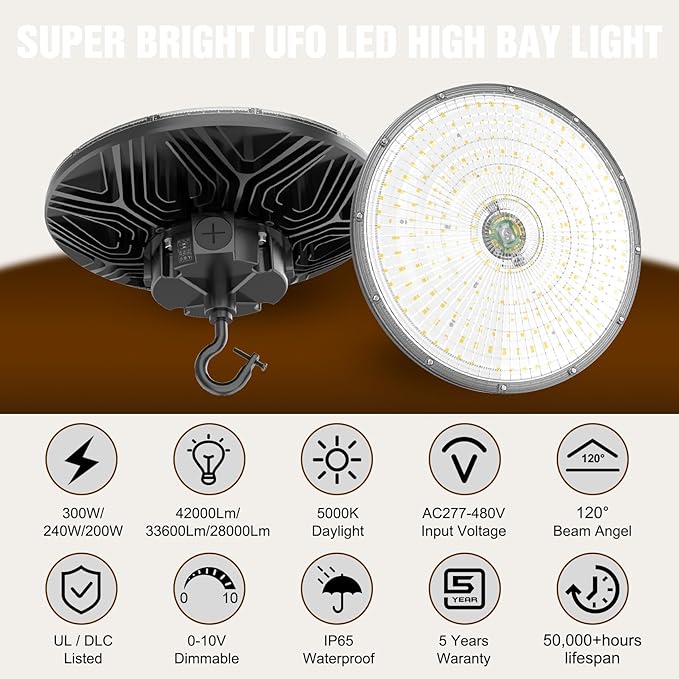 6 Pack 480V LED High Bay Light UL DLC Listed UFO Light 300W 240W 200W Adjustable - Image 2
