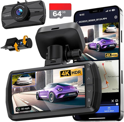 4K Dash Cam Front and Rear, Built-in WiFi GPS, 3.3"IPS Screen, HDR Night Vision by YEECORE