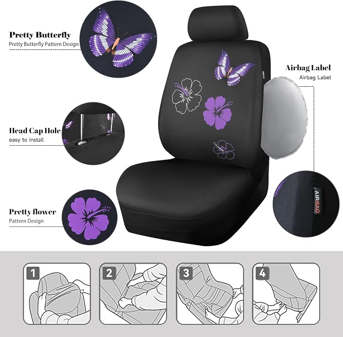 CAR PASS Universal Cloth Butterfly Car Seat Covers Full Set, Embroidered Flower - Image 6